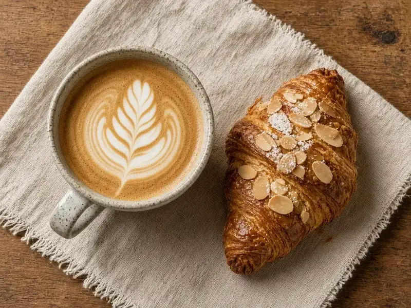 Latte with leaf latte art beside an almond croissant on a linen napkin