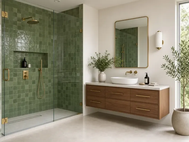 Bathroom with green tile shower and walnut vanity