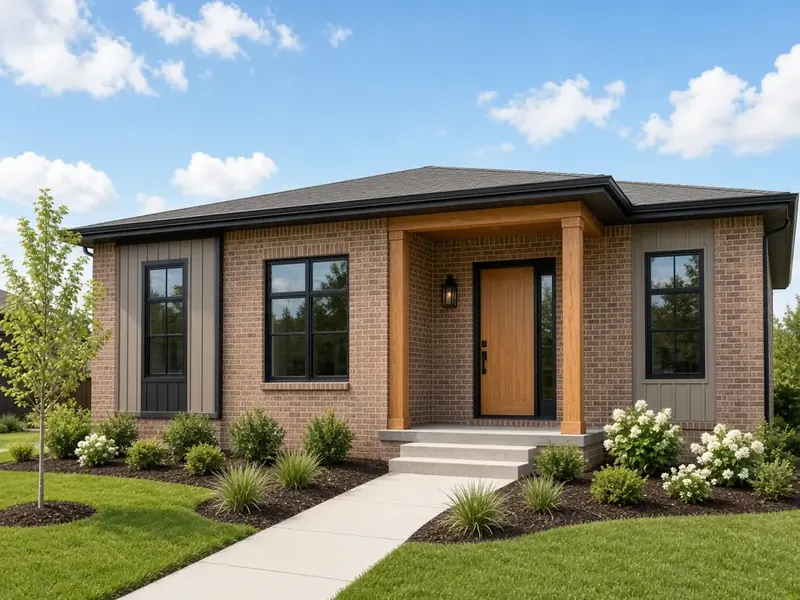 Brick ranch house with board-and-batten accents and cedar porch