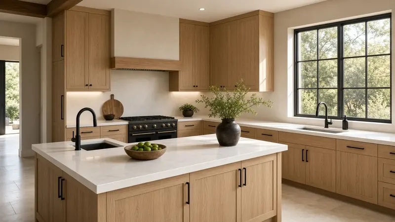 White oak kitchen with quartz island and black fixtures