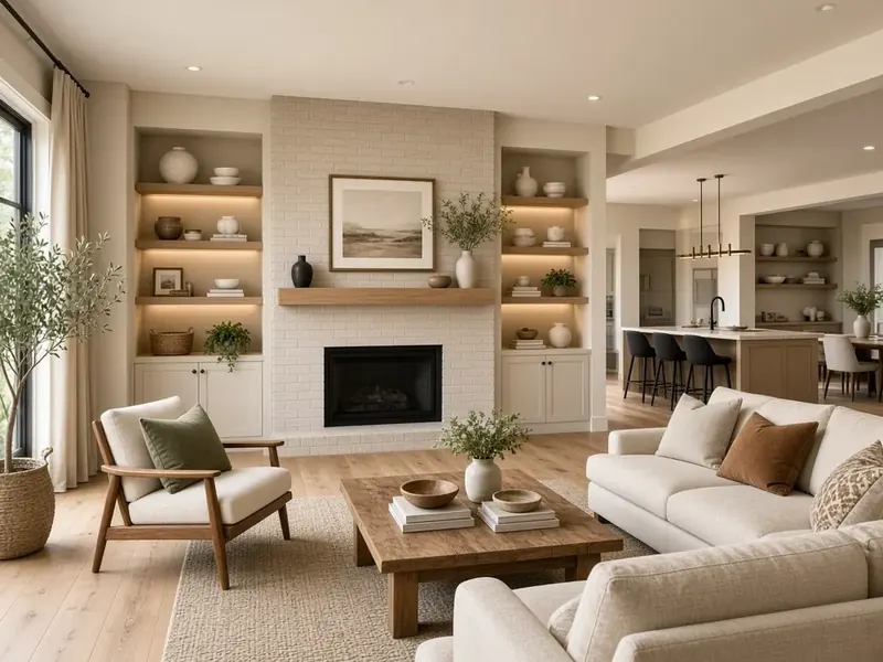 Open living room with built-in shelves around a painted brick fireplace
