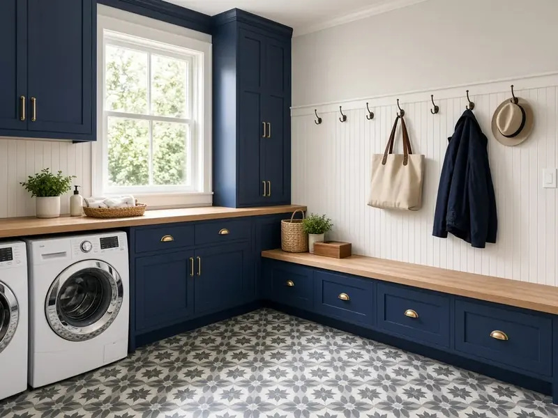 Navy laundry and mudroom with butcher block counter