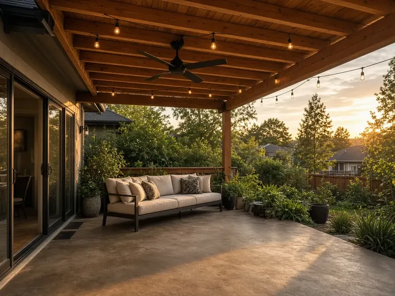 Covered backyard patio with cedar beams, string lights and a ceiling fan at golden hour