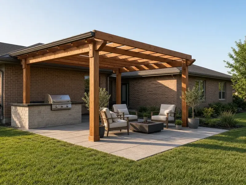 Cedar pergola over a stone patio with a built-in grill and lounge chairs beside a brick house
