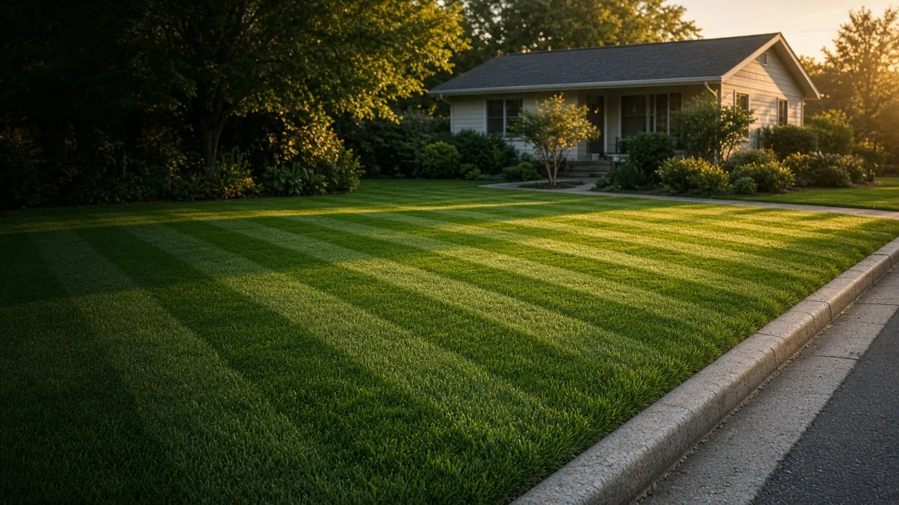 AI-generated illustration: front lawn mowed in light and dark stripes, lit by low morning sun